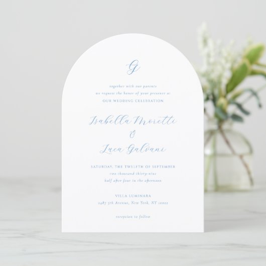 Invitation Mariage élégant bleu et blanc de style côtier chic (Debout devant)