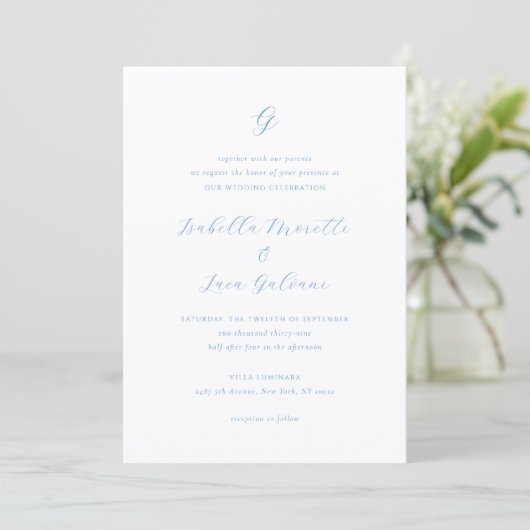 Invitation Mariage élégant bleu et blanc de style côtier chic (Debout devant)