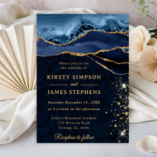 Invitation Mariage élégant bleu et or avec paillettes d'agate