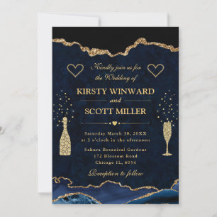Invitation Mariage élégant bleu et or Faux Paillettes Agate