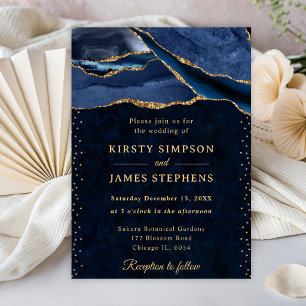 Invitation Mariage élégant bleu et or paillettes d'agate