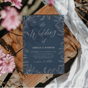Invitation Mariage Élégant Bleu et Or Rose Foliage
