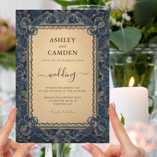 Invitation Mariage élégant bleu foncé et or