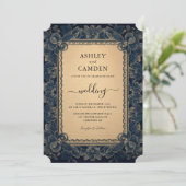 Invitation Mariage élégant bleu foncé et or (Debout devant)