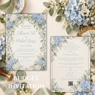 Invitation Mariage Élégant Bleu Hydrangea Sage Floral Budget