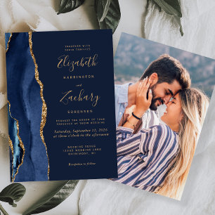 Invitation Mariage élégant bleu marine agate or photo