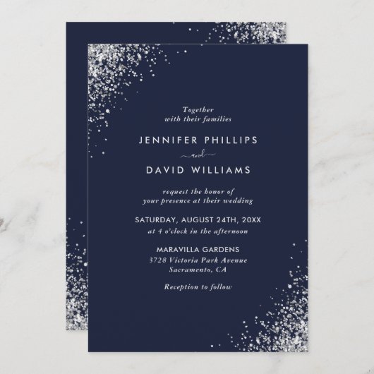 Invitation Mariage élégant bleu marine argent paillettes conf (Devant / Derrière)