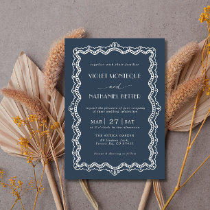 Invitation Mariage élégant bleu marine blanc dentelle Old Mon