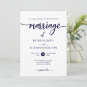 Invitation Mariage élégant bleu marine et blanc script (Debout devant)