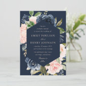 Invitation mariage élégant bleu marine et rose (Debout devant)