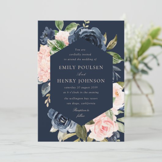 Invitation mariage élégant bleu marine et rose (Debout devant)