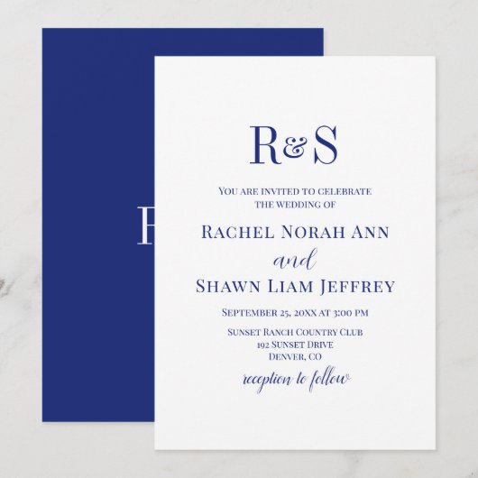 Invitation Mariage Élégant Bleu Marine Moderne Monogramme (Devant / Derrière)
