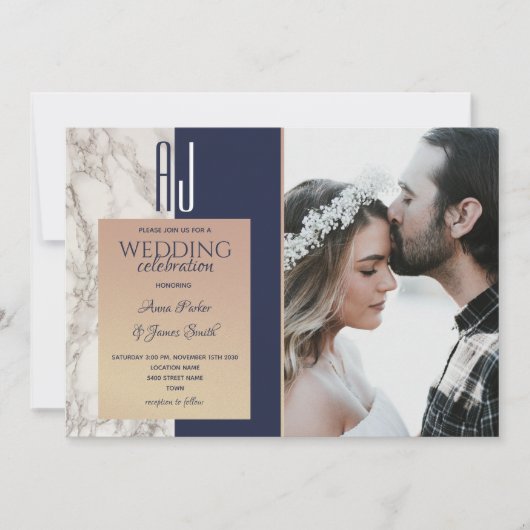 Invitation Mariage élégant bleu marine or photo (Devant)