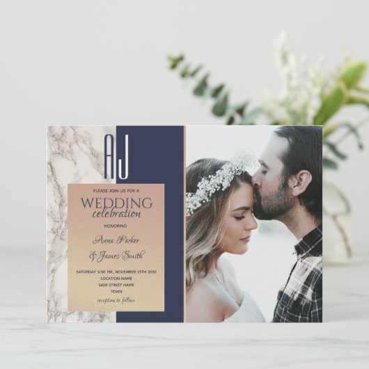 Invitation Mariage élégant bleu marine or photo (Debout devant)