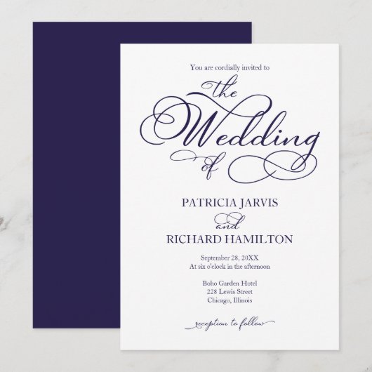 Invitation Mariage élégant bleu marine script (Devant / Derrière)