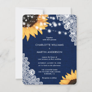 Invitation Mariage élégant bleu marine tournesol toile de jut