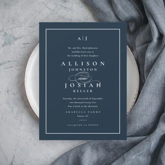 Invitation Mariage Élégant Bleu Nuit