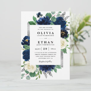 Invitation Mariage Élégant Bleu Nuit et Argent Floral Ivoire 
