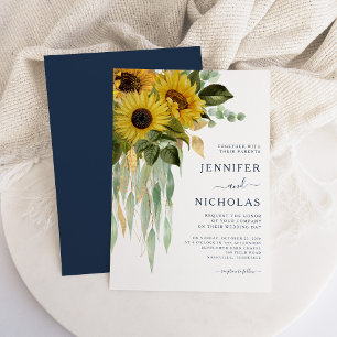 Invitation Mariage Élégant Bleu Nuit Fleuris Tournesol