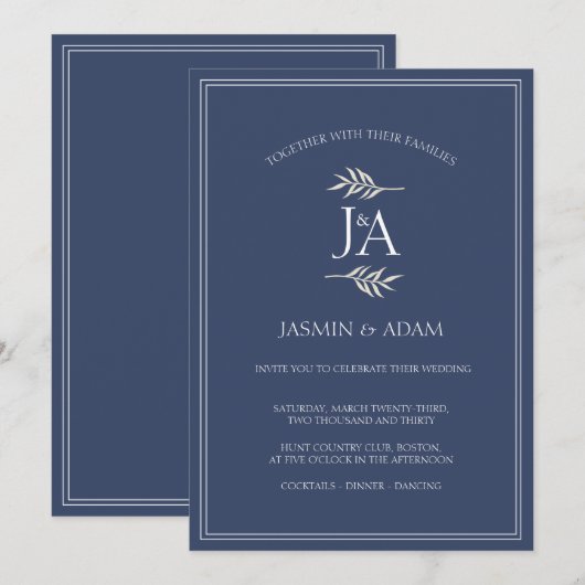 Invitation Mariage Élégant Bleu Nuit Initiales Classiques (Devant / Derrière)