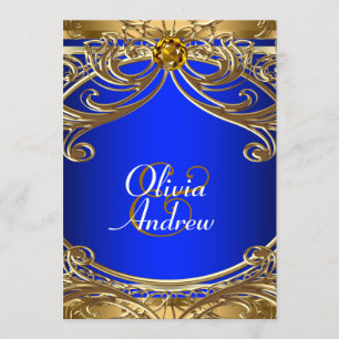 Invitation Mariage élégant bleu royal et or
