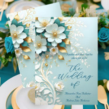 Mariage Élégant Bleu Sarcelle Blanc Or Floral orné