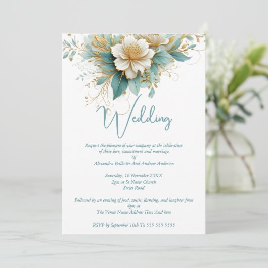 Invitation Mariage élégant bleu vert Fleurs blanches (Debout devant)