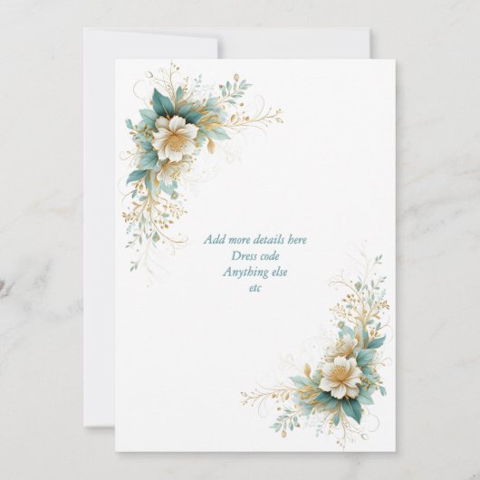 Invitation Mariage élégant bleu vert Fleurs blanches (Dos)