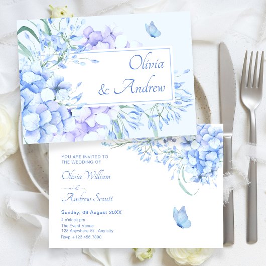 Invitation Mariage élégant bleu violet fleuri