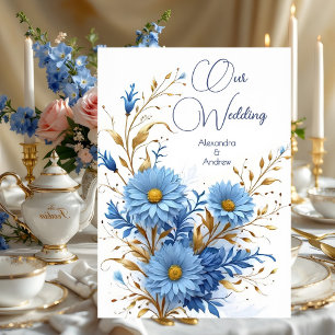 Invitation Mariage Élégant Bleuet Bleu Or Florales