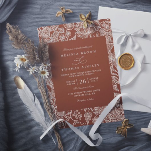 Invitation Mariage élégant Boho Terre cuite Fleur sauvage Cod