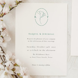Invitation Mariage Élégant Botanique Émeraude Monogramme