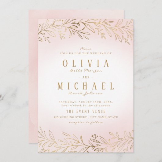 Invitation Mariage élégant, botanique et doré (Devant / Derrière)