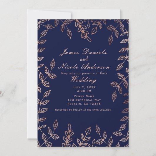 Invitation Mariage élégant botanique glamour or rose et bleu (Devant)