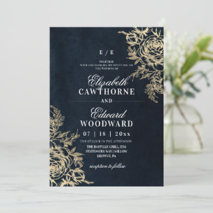 Invitation Mariage élégant botanique Rose⎮Noir & Or