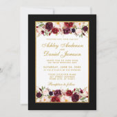 Invitation Mariage Elegant Bourgogne Floral Black Gold Photo (Devant)