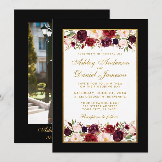 Invitation Mariage Elegant Bourgogne Floral Black Gold Photo (Devant / Derrière)