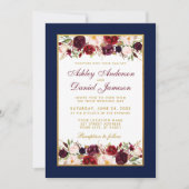 Invitation Mariage Elégant Bourgogne Floral Blue Gold (Devant)