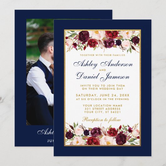 Invitation Mariage Elegant Bourgogne Floral Blue Photo (Devant / Derrière)