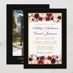 Invitation Mariage Elegant Bourgogne Floral Photo Black Gold