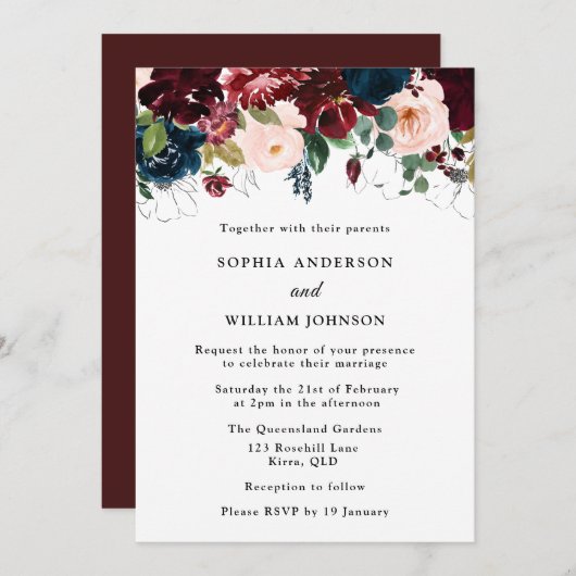 Invitation Mariage élégant : Bourgogne, Navy & Fleurs Blush (Devant / Derrière)