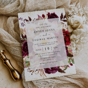 Invitation Mariage Élégant Bourgogne Or