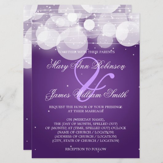 Invitation Mariage élégant, brillant et étincelant, violet (Devant / Derrière)