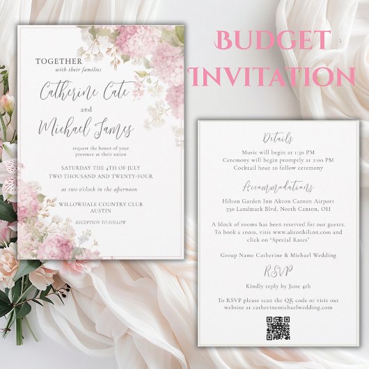 Invitation Mariage Élégant Budget Fleurs Hydrangeas Roses