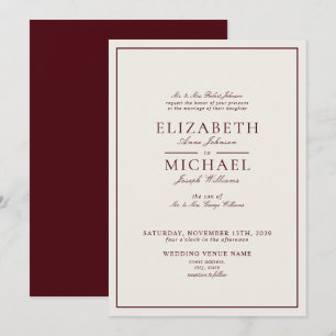 Invitation Mariage Élégant Burgundy Ivoire Écriture Classique