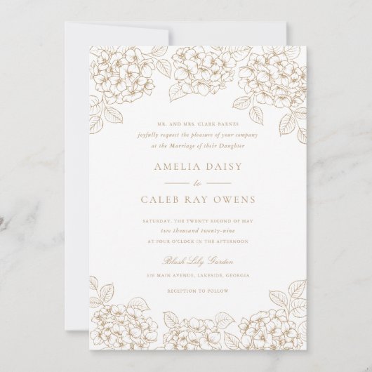 Invitation Mariage Élégant Cadre Hydrangea Or Floral (Devant)