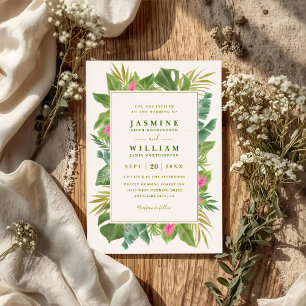 Invitation Mariage élégant cadre tropical Code QR Vert