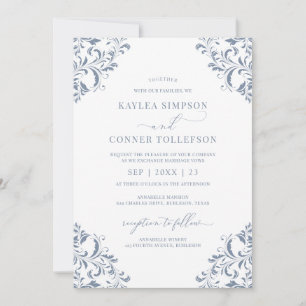 Invitation Mariage Élégant Calligraphie Bleu Poussiéreux Vint
