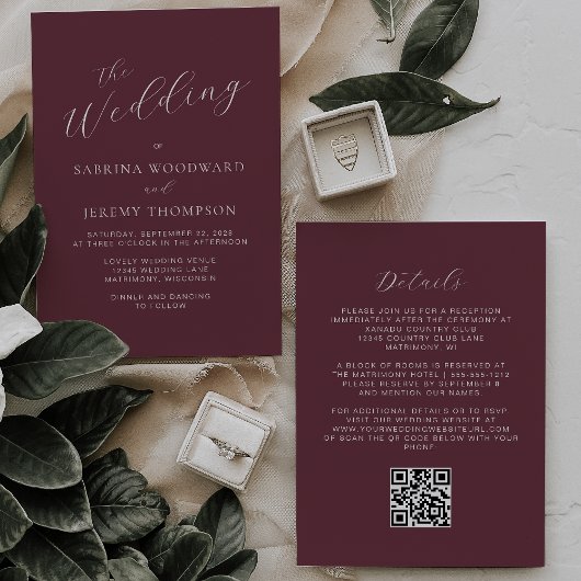 Invitation Mariage élégant calligraphie bourgogne QR Code