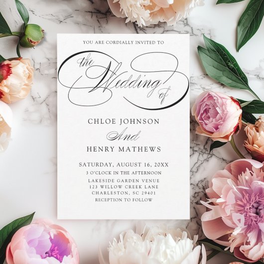 Invitation Mariage Élégant Calligraphie Classique Noir & Blan